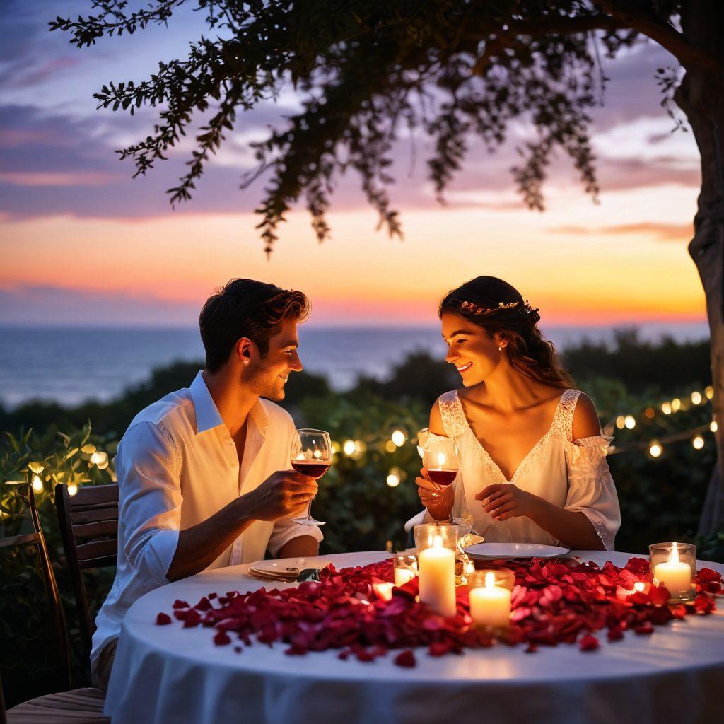 A cozy candle-lit dinner set for two on a beautifully decorated table adorned with rose petals and soft fairy lights. In the background, a romantic sunset casts warm hues as a couple shares a tender moment, laughing and toasting with wine glasses, surrounded by lush greenery. Emphasize warmth, intimacy, and love in the atmosphere. super-realistic. vibrant colors. soft focus.