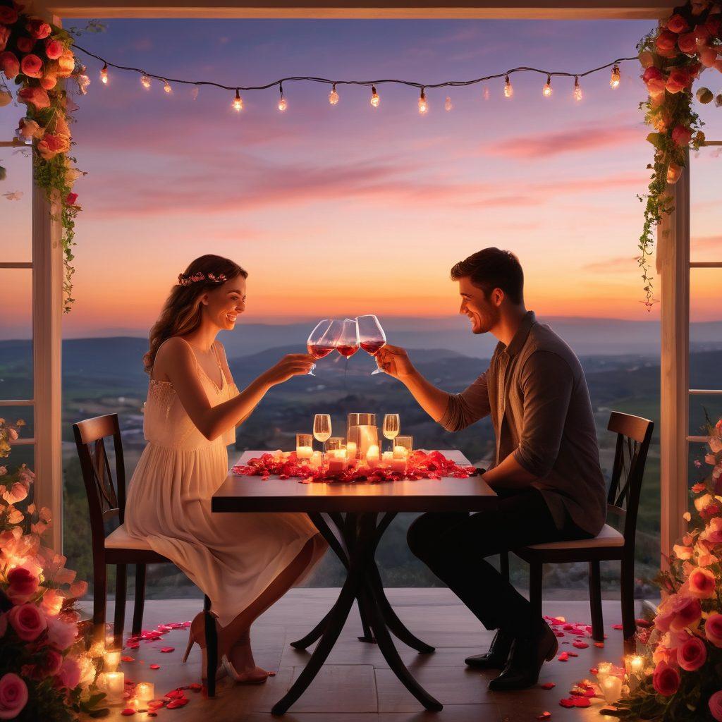 A cozy candlelit dinner table set for two, adorned with delicate flowers and soft fairy lights, with a picturesque sunset in the background. A couple is laughing and enjoying a glass of wine, surrounded by a heart-shaped arrangement of rose petals on the table. Emphasize warmth and intimacy in the ambiance. romantic, super-realistic, vibrant colors.