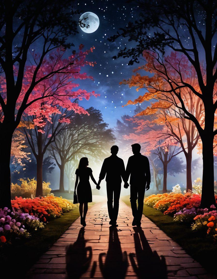 A romantic couple walking hand in hand under a glowing moonlight, surrounded by twinkling stars and a serene park atmosphere. In the background, silhouettes of film reels and movie posters fade into the night, symbolizing their shared love for movies. The scene is filled with vibrant flowers, soft lantern light, and gentle breeze effects to create a magical experience. ethereal, super-realistic, vibrant colors.